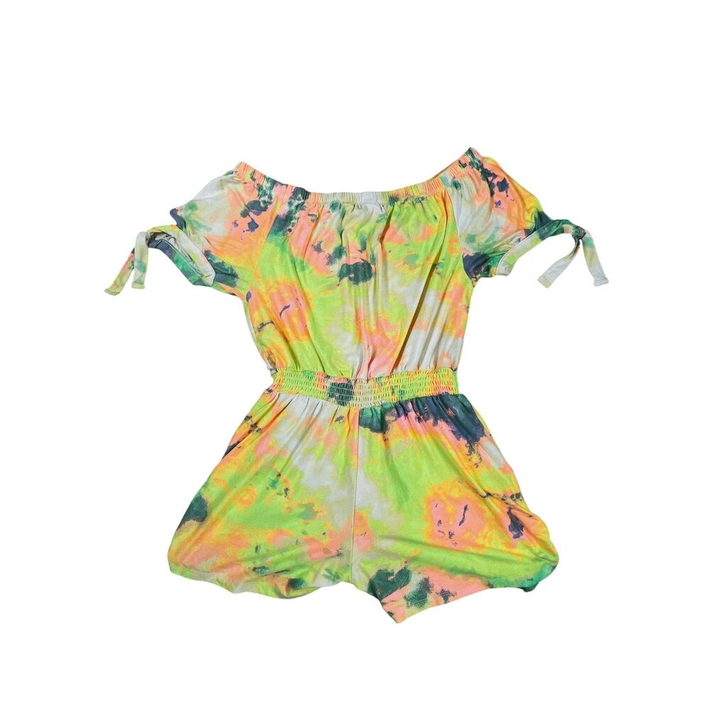 Derek Heart XL Off Shoulder Romper Neon Tie Dye Smocked Waist Boho Festival